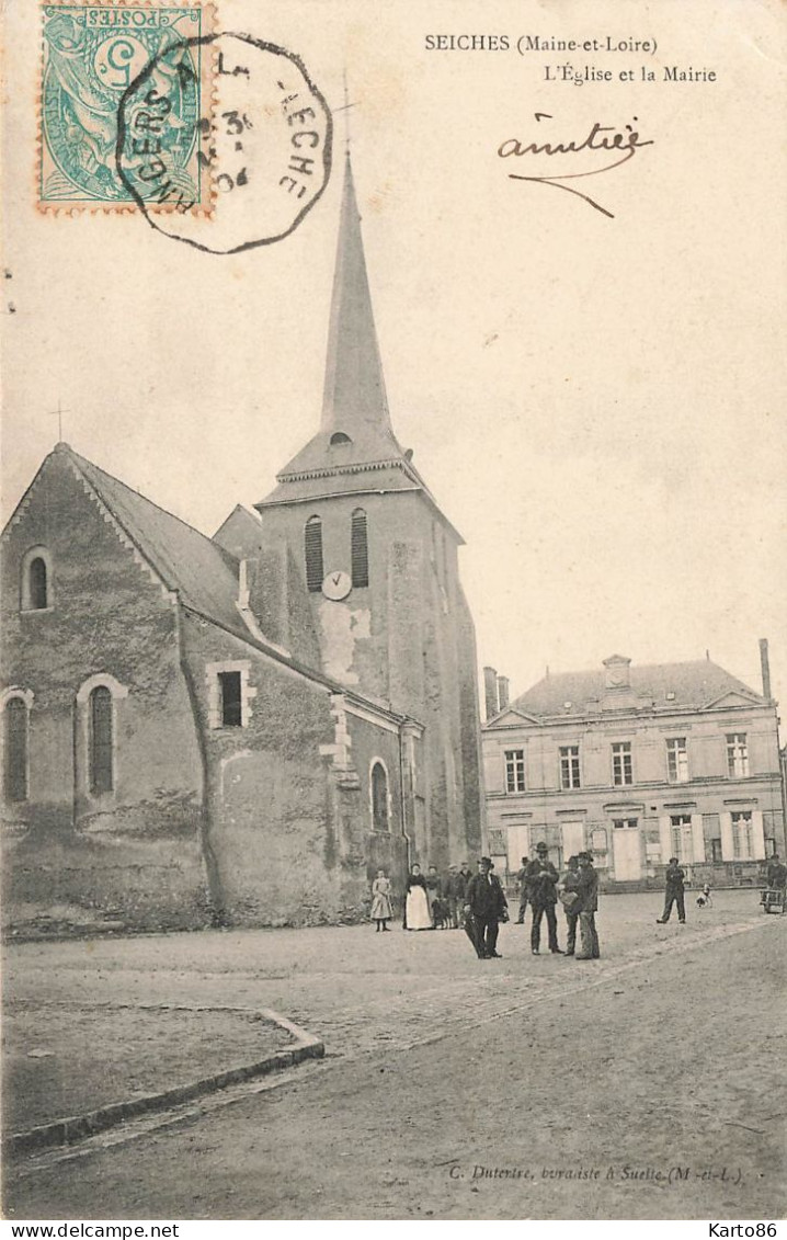 Seiches * 1904 * Place , Mairie Et église Du Village * Villageois - Seiches Sur Le Loir