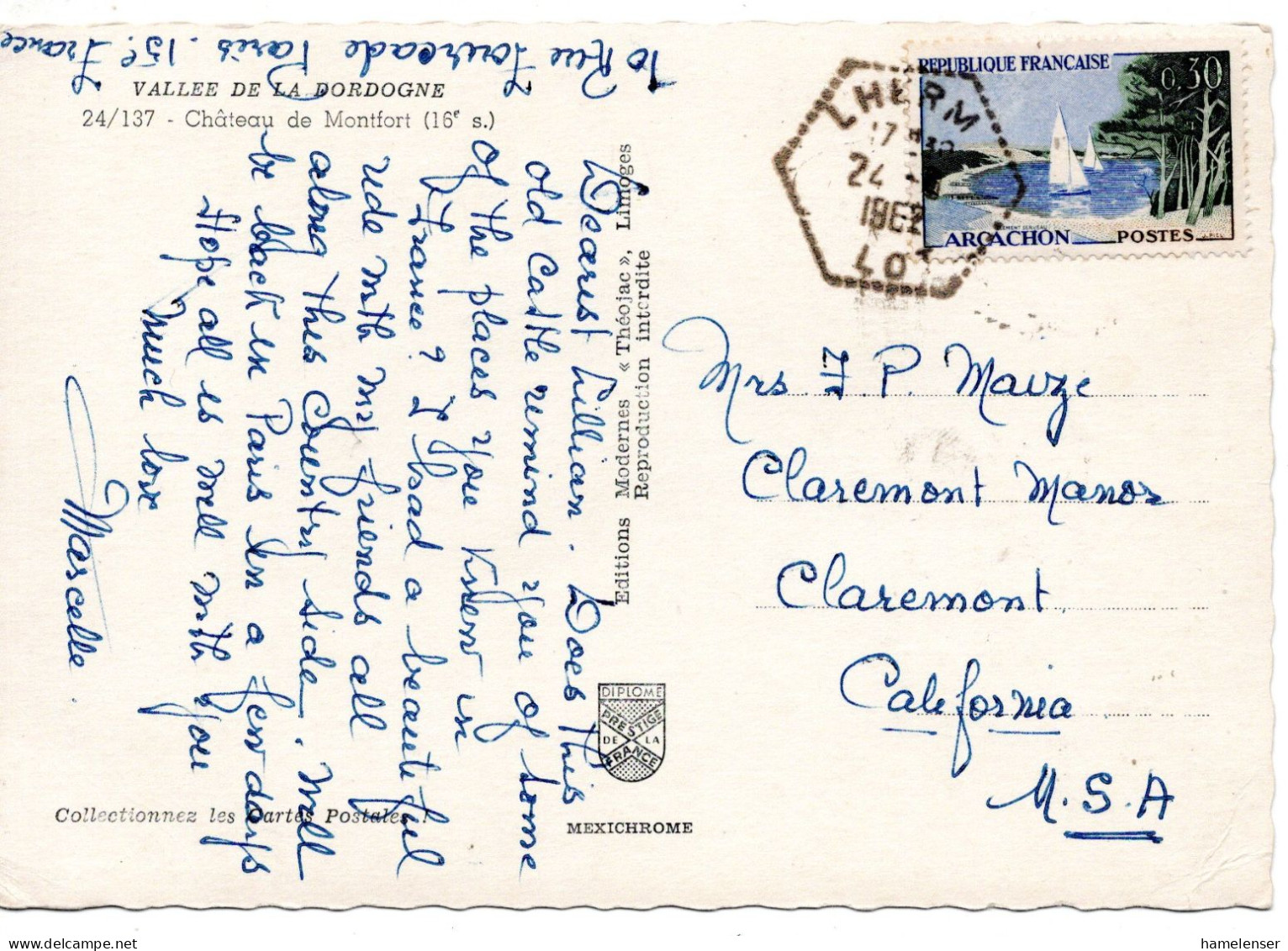 70881 - Frankreich - 1962 - 0,30F Arcachon EF A AnsKte LHERM -> Claremont, CA (USA) - Lettres & Documents