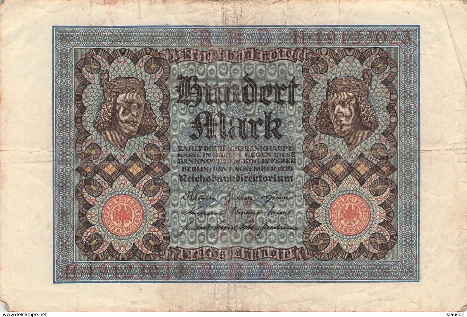 100 Mark 1920 Reichsbanknote VG/G (IV) - 100 Mark