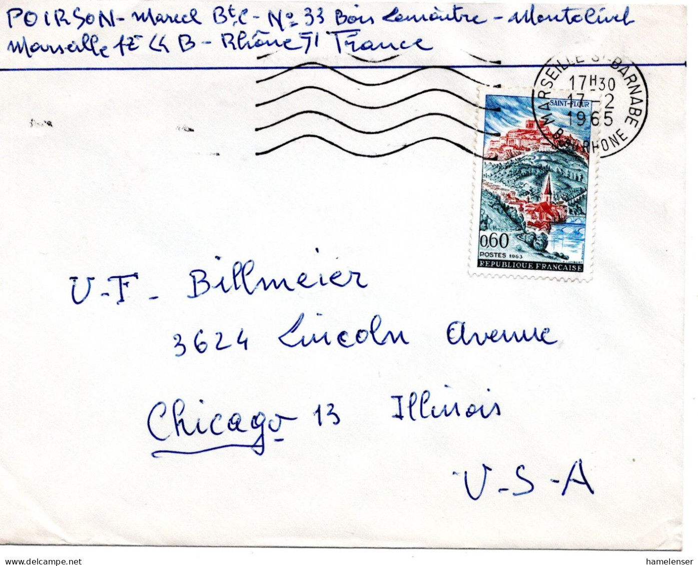 70885 - Frankreich - 1965 - 0,60F St Flour EF A Bf MARSEILLE -> Chicago, IL (USA) - Briefe U. Dokumente