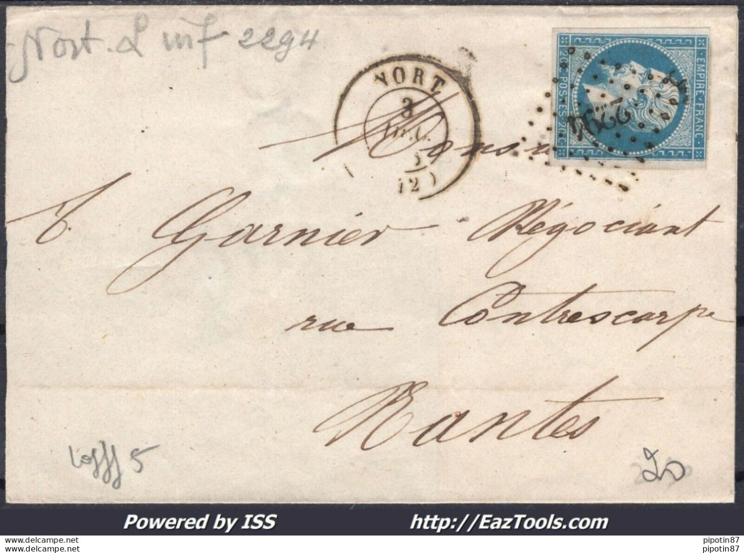 FRANCE N°14A SUR LETTRE PC 2294 NORT LOIRE INFERIEURE + CAD DU 03/12/1858 - 1853-1860 Napoleon III