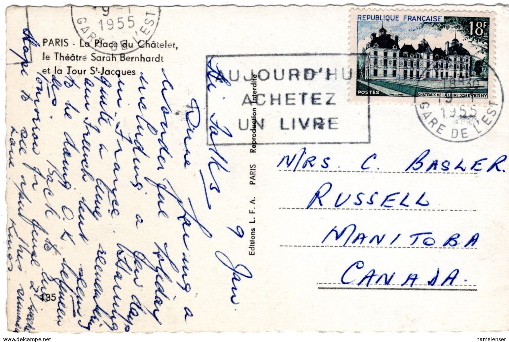 70886 - Frankreich - 1955 - 18F Schloss Cheverny EF A AnsKte PARIS -> Russell, MB (Canada) - Covers & Documents