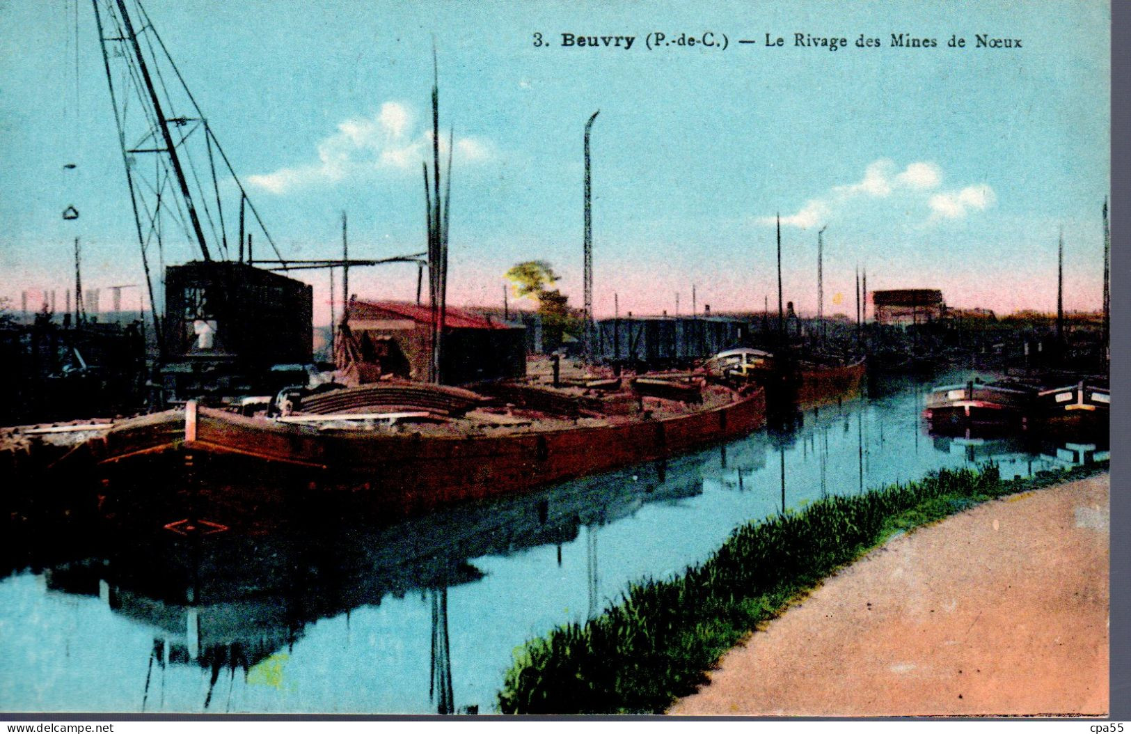 BEUVRY  -  Le Rivage Des Mines De Noeux  -  Jolie Carte Colorisée  -  Péniche Au Chargement, Beau Plan. - Beuvry