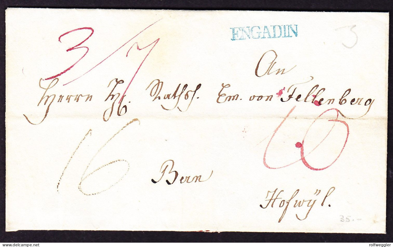 1835 Faltbrief Hülle Mit Blauem Stabstempel ENGADIN Nach Bern. - ...-1845 Prephilately