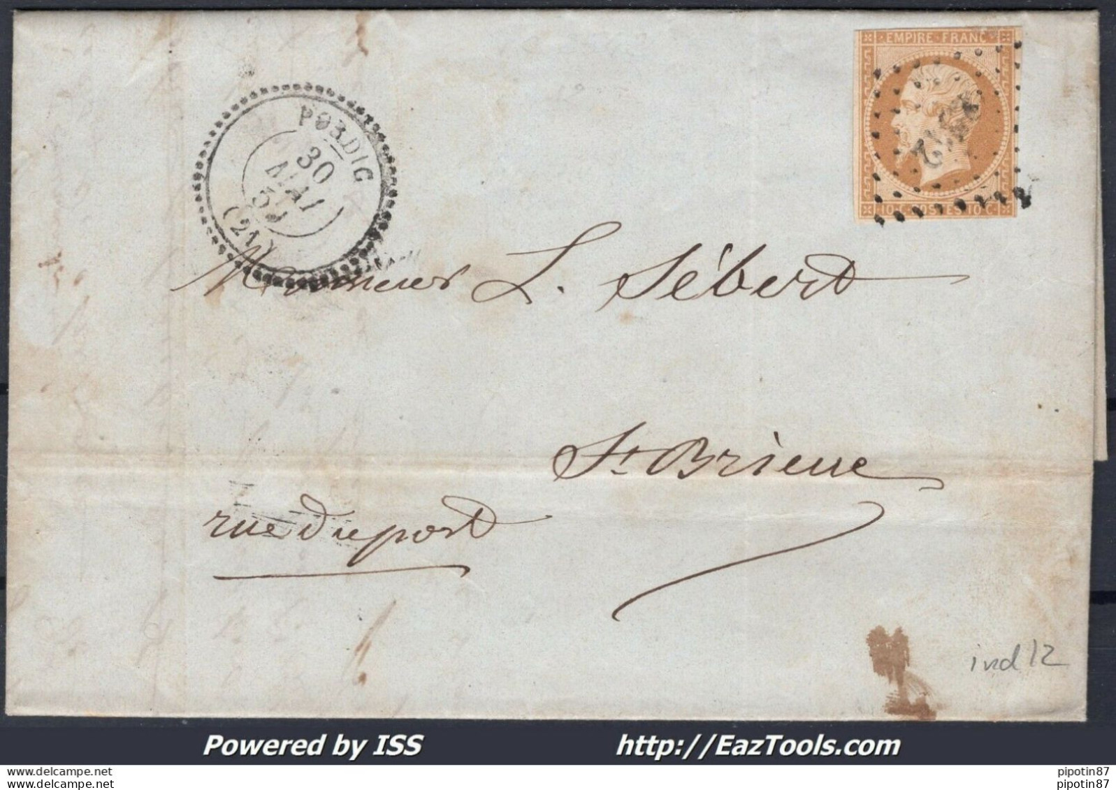 FRANCE N° 13A SUR LETTRE PC 2542 PORDIC COTES DU NORD + CAD PERLÉ DU 30/05/1859 - 1853-1860 Napoleon III