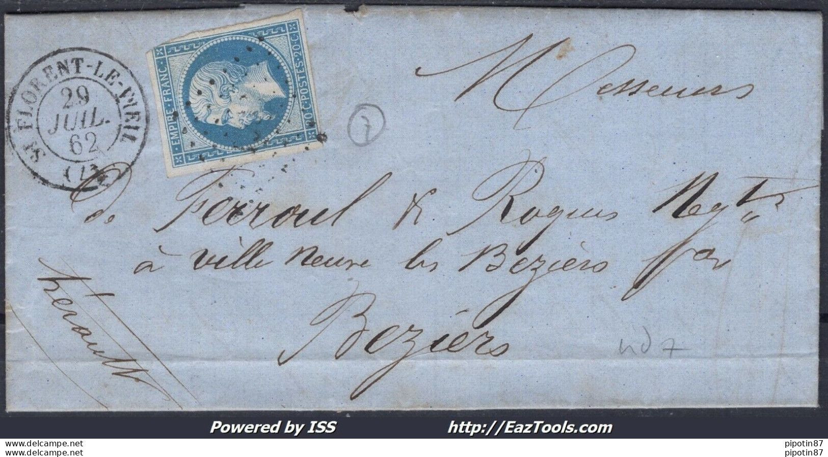 FRANCE N°14B SUR LETTRE PC 3061 ST FLORENT LE VIEIL MAINE ET LOIRE DU 29/07/1862 - 1853-1860 Napoleon III