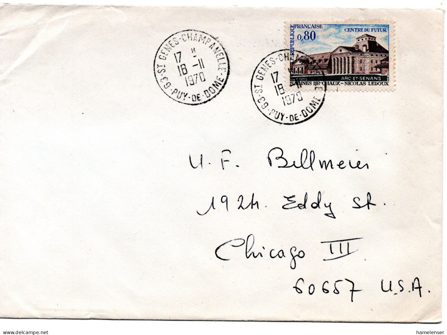 70889 - Frankreich - 1970 - 0,80F Salines De Chaux EF A Bf ST GENES CHAMPANELLE -> Chicago, IL (USA) - Lettres & Documents