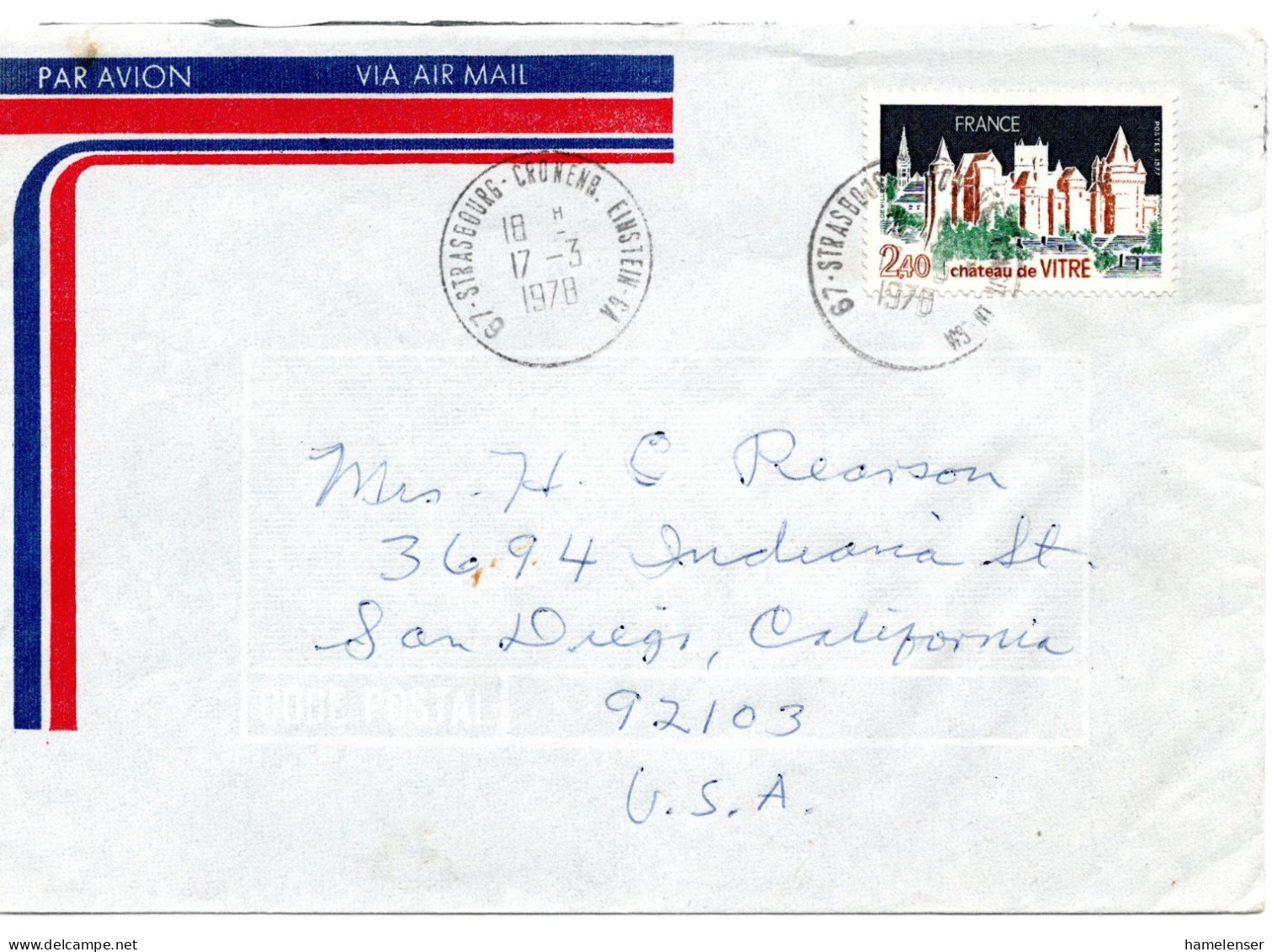 70890 - Frankreich - 1970 - 2,40F Schloss Vitre EF A LpBf STRASBOURG -> San Diego, CA (USA) - Castillos