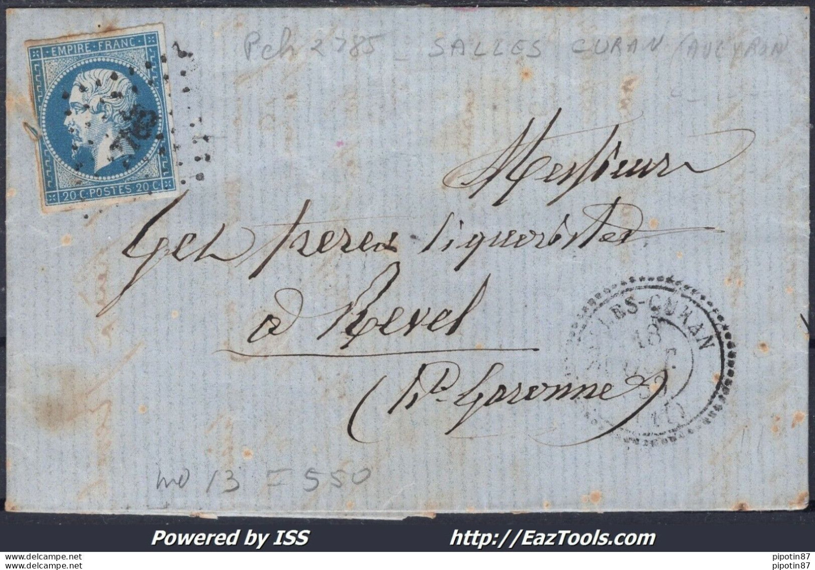 FRANCE N°14A SUR LETTRE PC 2785 SALLES CURAN AVEYRON + CAD DU 18/10/1859 - 1853-1860 Napoleon III