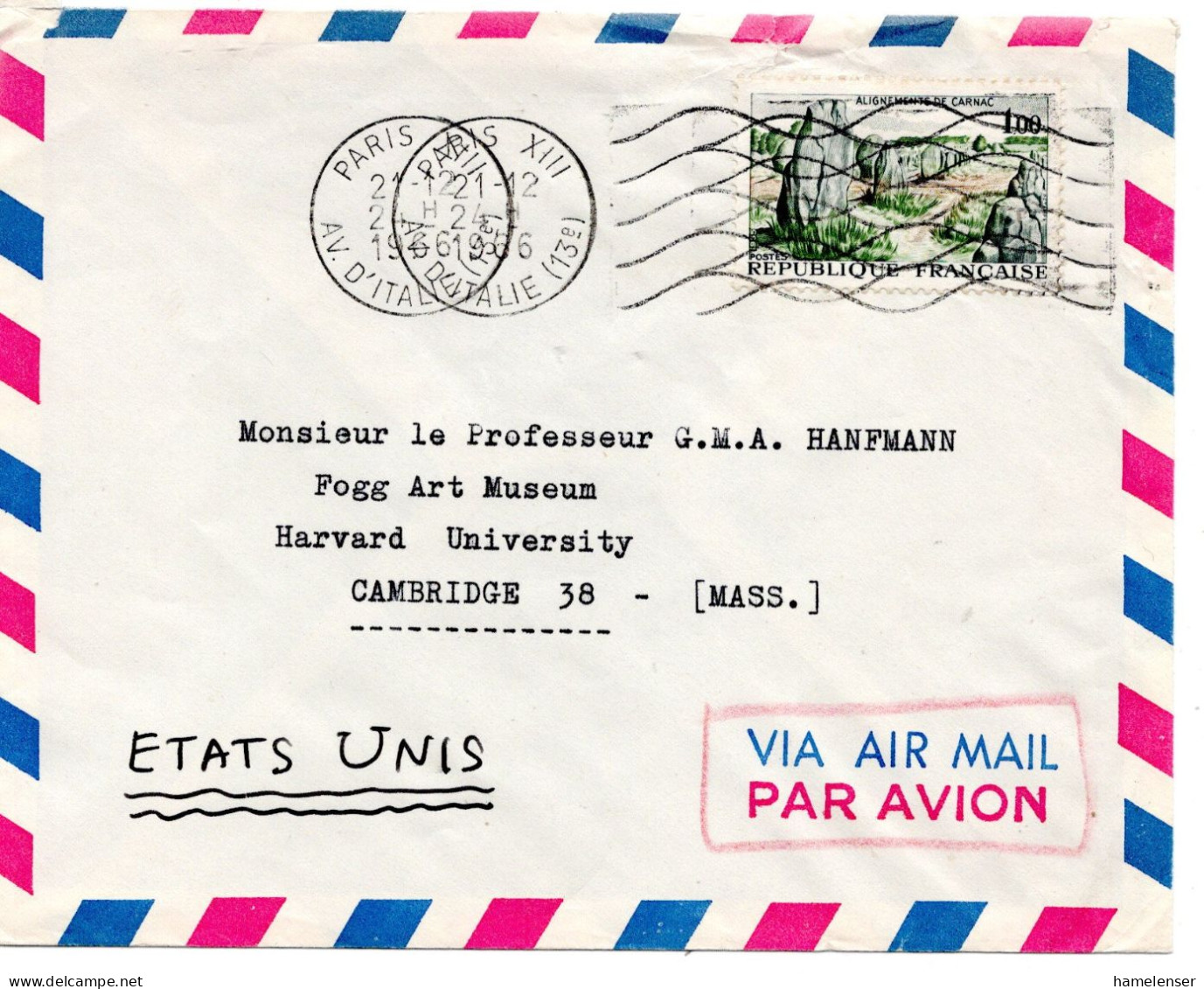 70893 - Frankreich - 1966 - 1,00F Carnac EF A LpBf PARIS -> Cambridge, MA (USA) - Covers & Documents