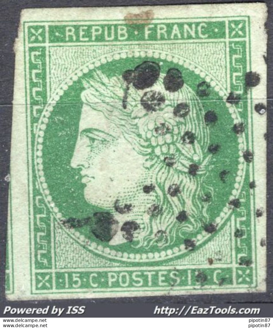 FRANCE TYPE CERES 15c VERT N° 2 AVEC OBLITERATION ETOILE MUETTE DE PARIS A VOIR - 1849-1850 Ceres