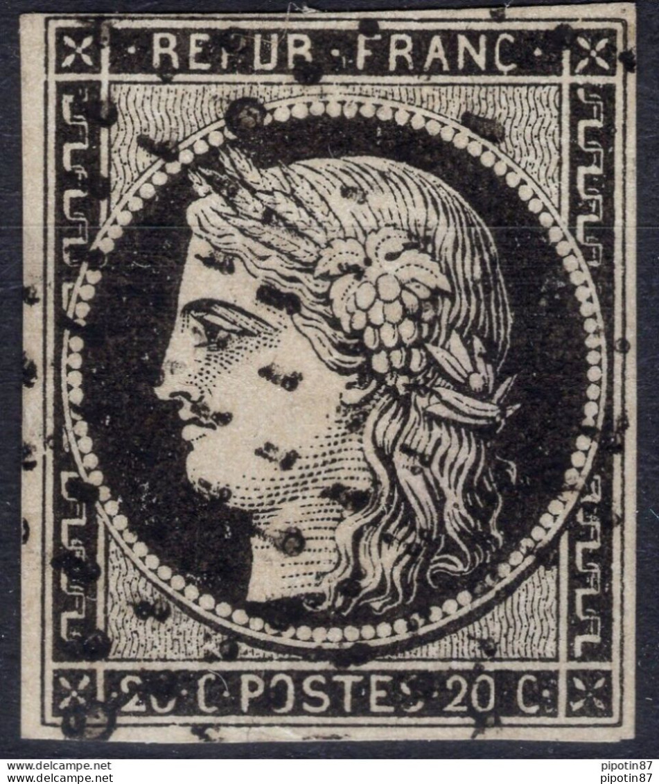 FRANCE CERES 20c NOIR SUR BLANC N° 3a AVEC OBLITERATION ROULETTE DE POINTS RARE - 1849-1850 Ceres