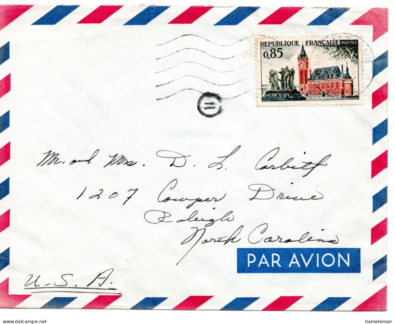 70897 - Frankreich - 1963 - 0,85F Calais EF A LpBf ORLEANS -> Raleigh, NC (USA) - Briefe U. Dokumente