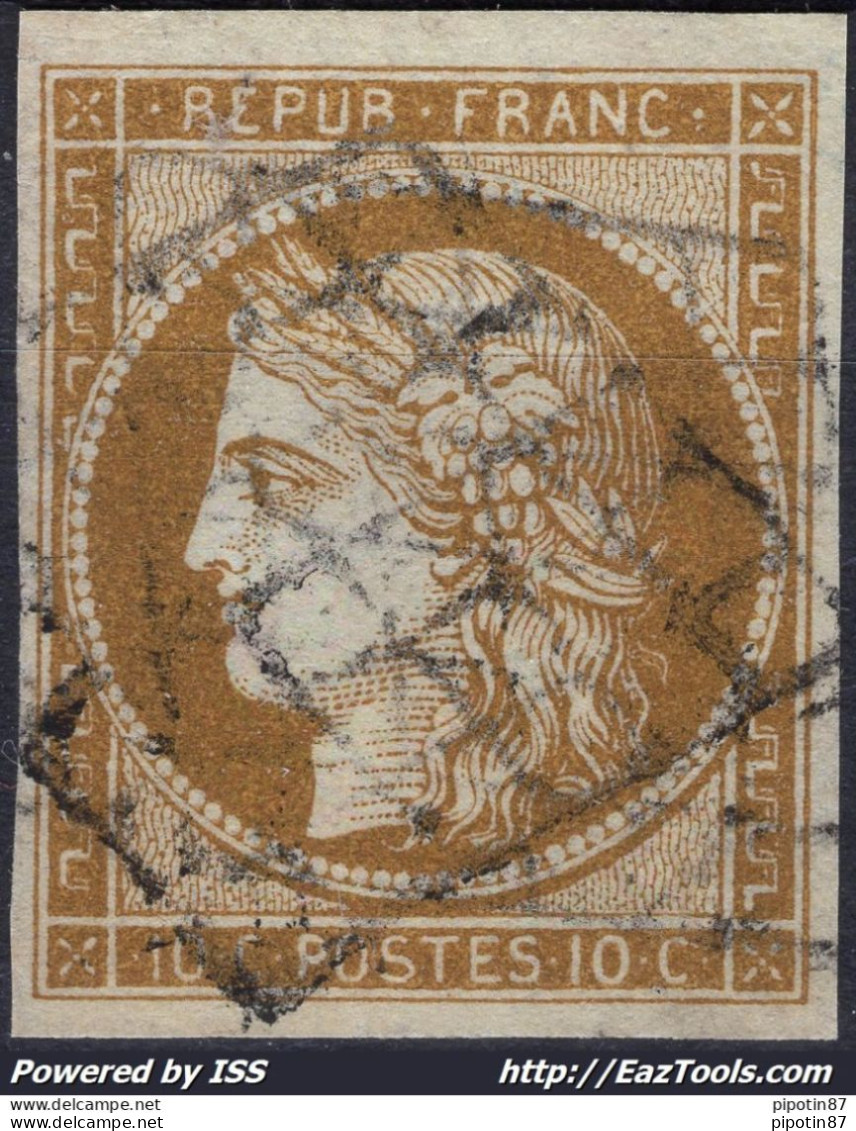 FRANCE CERES 10c BISTRE VERDATRE FONCÉ N° 1c AVEC OBLITERATION GRILLE - 1849-1850 Cérès