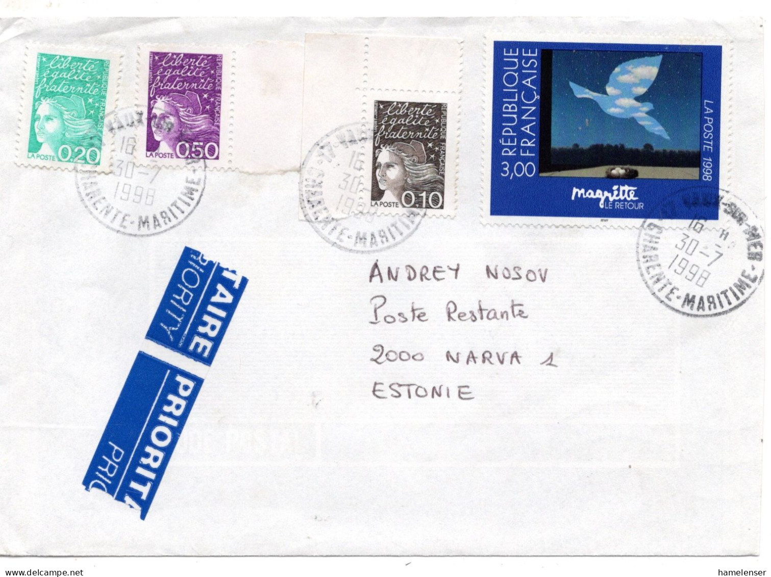 70901 - Frankreich - 1998 - 3,00F Magritte MiF A LpBf VAUX -> NARVA (Estland) - Covers & Documents