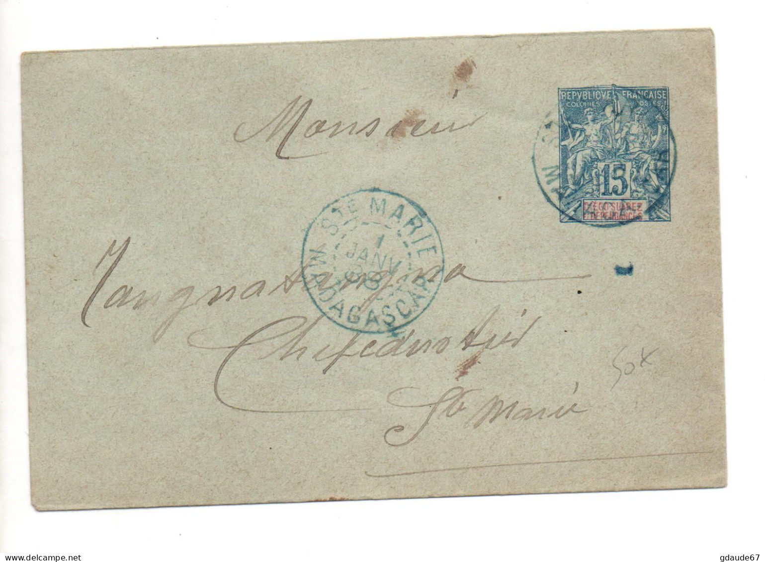 1888 - ENVELOPPE ENTIER POSTAL De SAINTE MARIE (MADAGASCAR) - Covers & Documents