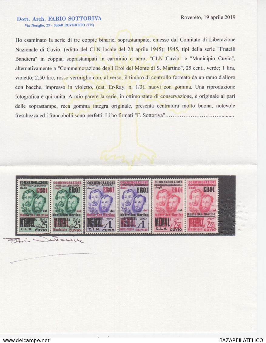 C.L.N. CUVIO 1945 FRATELLI BANDIERA SOPRASTAMPATI 3 V. G.I MNH** CERT. - National Liberation Committee (CLN)