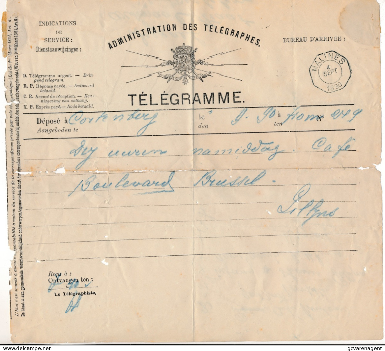 TELEGRAM  CORTEBERG A MALINES 1890    2 SCANS - Télégrammes