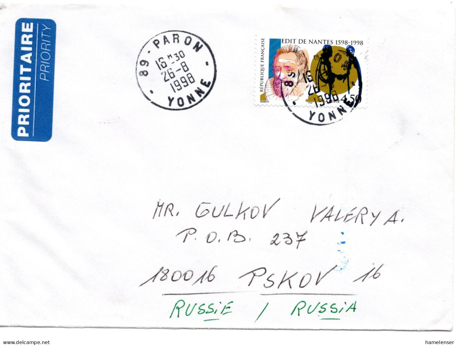 70905 - Frankreich - 1998 - 4,50F Edikt Von Nantes EF A LpBf PARON -> PSKOV (Russland) - Briefe U. Dokumente