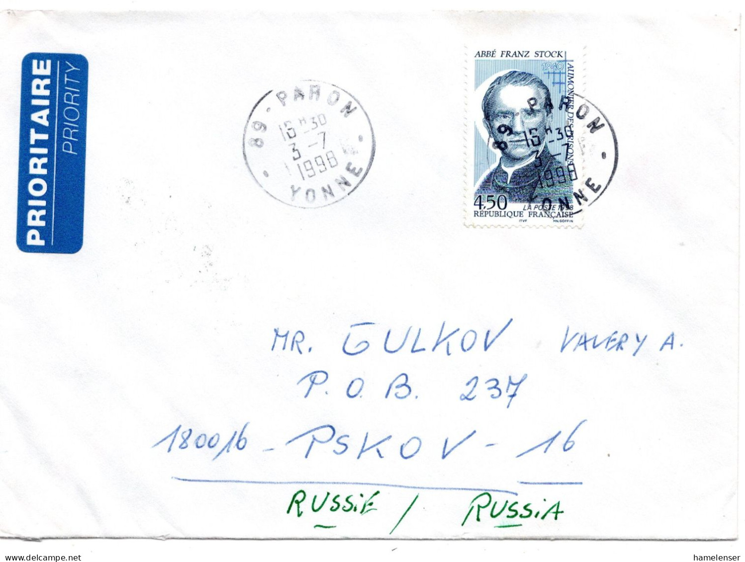 70906 - Frankreich - 1998 - 4,50F Stock EF A LpBf PARON -> PSKOV (Russland) - Storia Postale