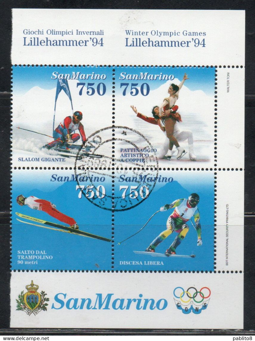 REPUBBLICA DI SAN MARINO 1994 GIOCHI OLIMPICI INVERNALI WINTER OLYMPIC GAMES LILLEHAMMER BLOCCO SERIE BLOCK USATO USED - Used Stamps