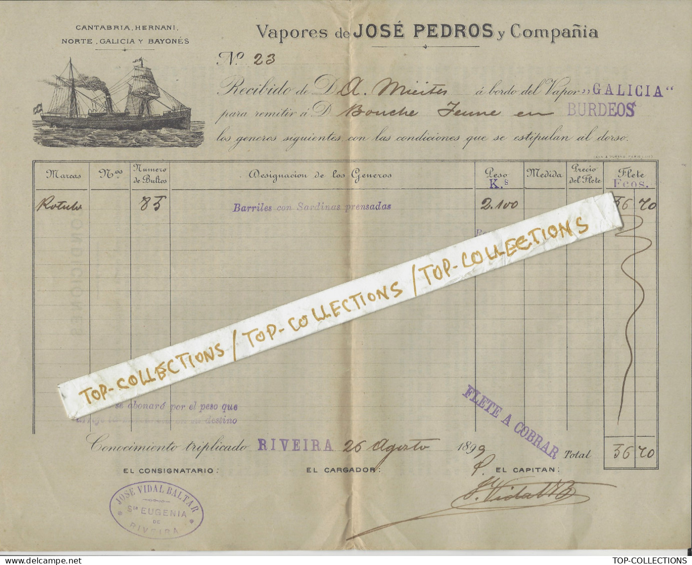 1899 CONNAISSEMENT BILL OF LADING CONOCIMIENTO José Pedros Vapeurs Vapores Sta Eugenia De Riveira Pour Burdeos Espagne - Spanje