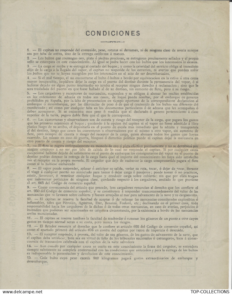 1899 CONNAISSEMENT BILL OF LADING CONOCIMIENTO José Pedros Vapeurs Vapores Sta Eugenia De Riveira Pour Burdeos Espagne - Spanje