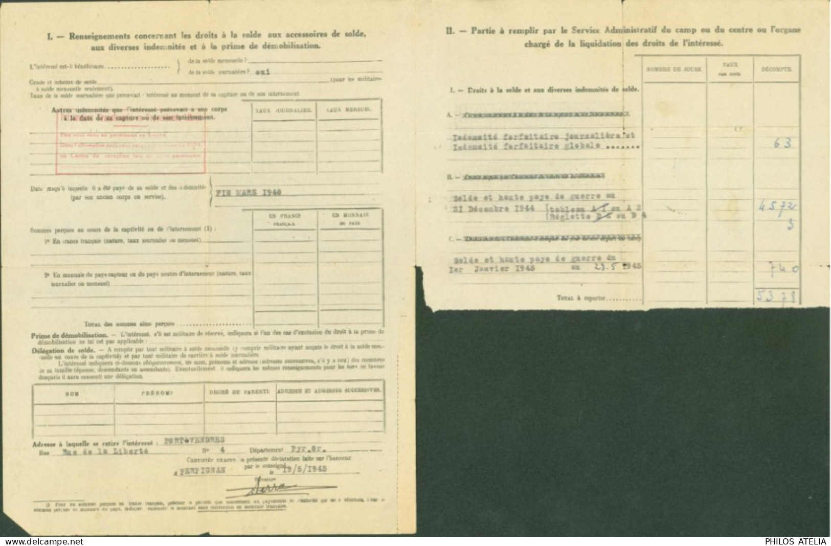 Guerre 40 Centre Départemental De Libération Des Pyrénes Orientales De Prisonniers De Guerre Document & Indemnités - Guerre De 1939-45