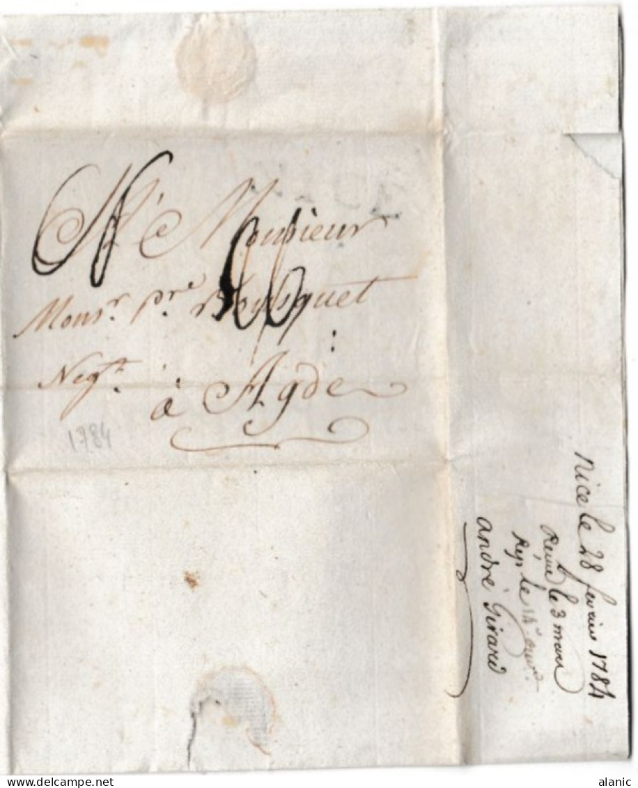 LAC De NICE  28-2-1734 Pour AGDE/Cachet Linaire (Faible) Texte  Commercial -Envoi Par La Tartane"LA JALLIE" Capt Escot - ....-1700: Précurseurs