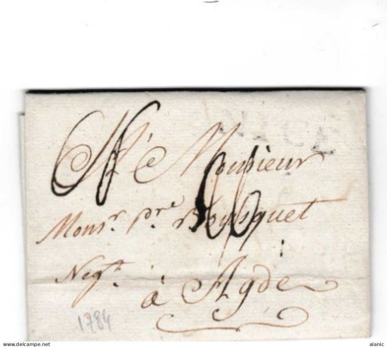 LAC De NICE  28-2-1734 Pour AGDE/Cachet Linaire (Faible) Texte  Commercial -Envoi Par La Tartane"LA JALLIE" Capt Escot - ....-1700: Precursori