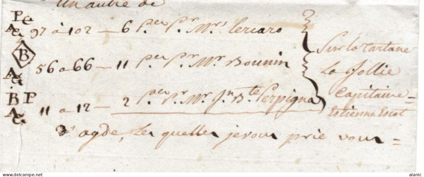 LAC De NICE  28-2-1734 Pour AGDE/Cachet Linaire (Faible) Texte  Commercial -Envoi Par La Tartane"LA JALLIE" Capt Escot - ....-1700: Precursors