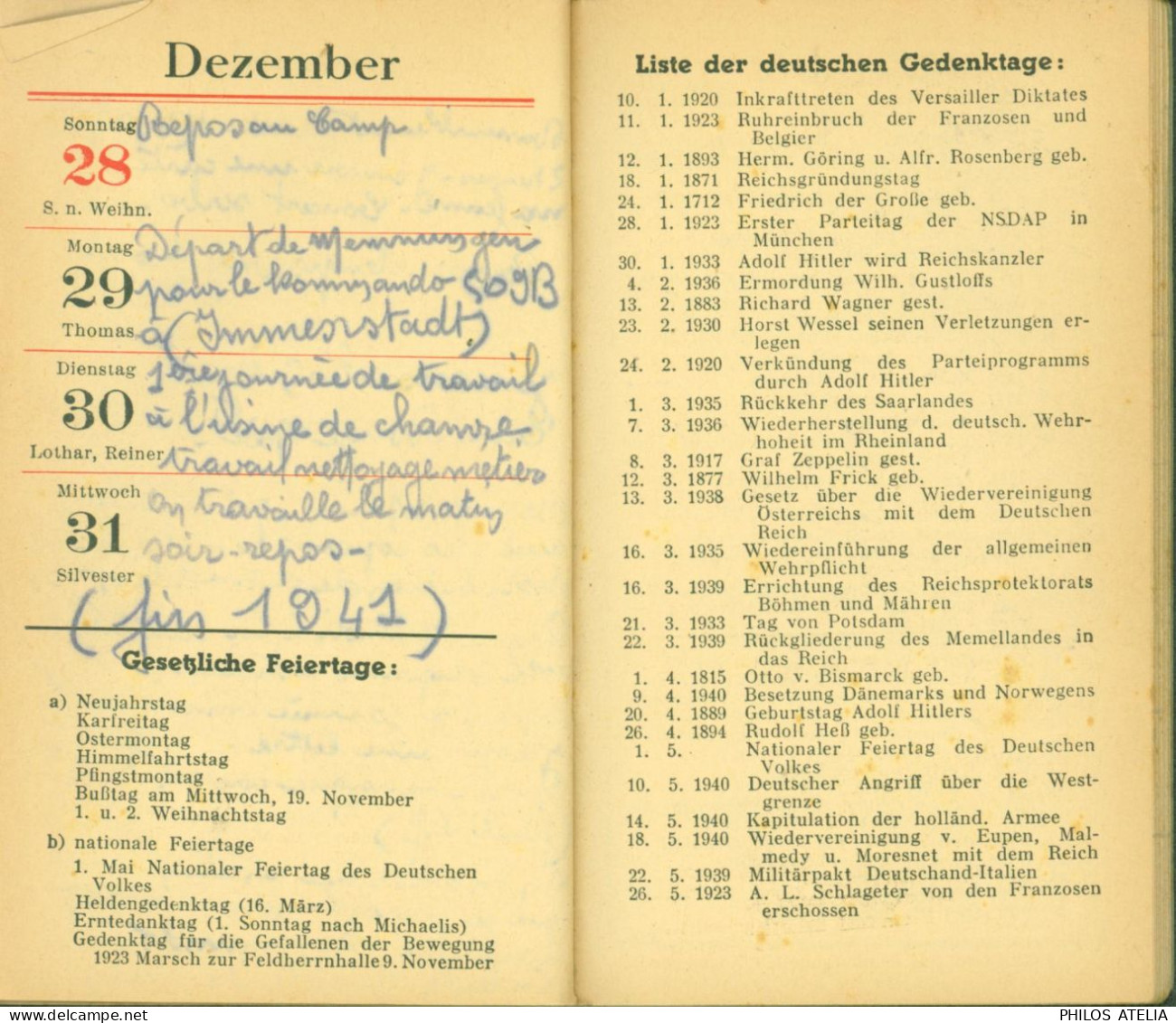 Guerre 40 Almanach Notiz Kalender 1941 Louis Serra De Port Vendres Prisonnier Stalag VIIB Memmingen Pro Pétain - Calendari