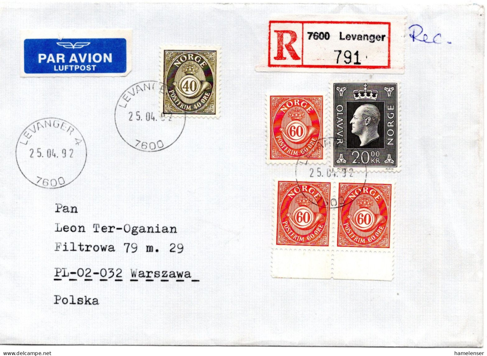 70913 - Norwegen - 1992 - 20Kr Olav MiF A R-LpBf LEVANGER -> Polen - Lettres & Documents