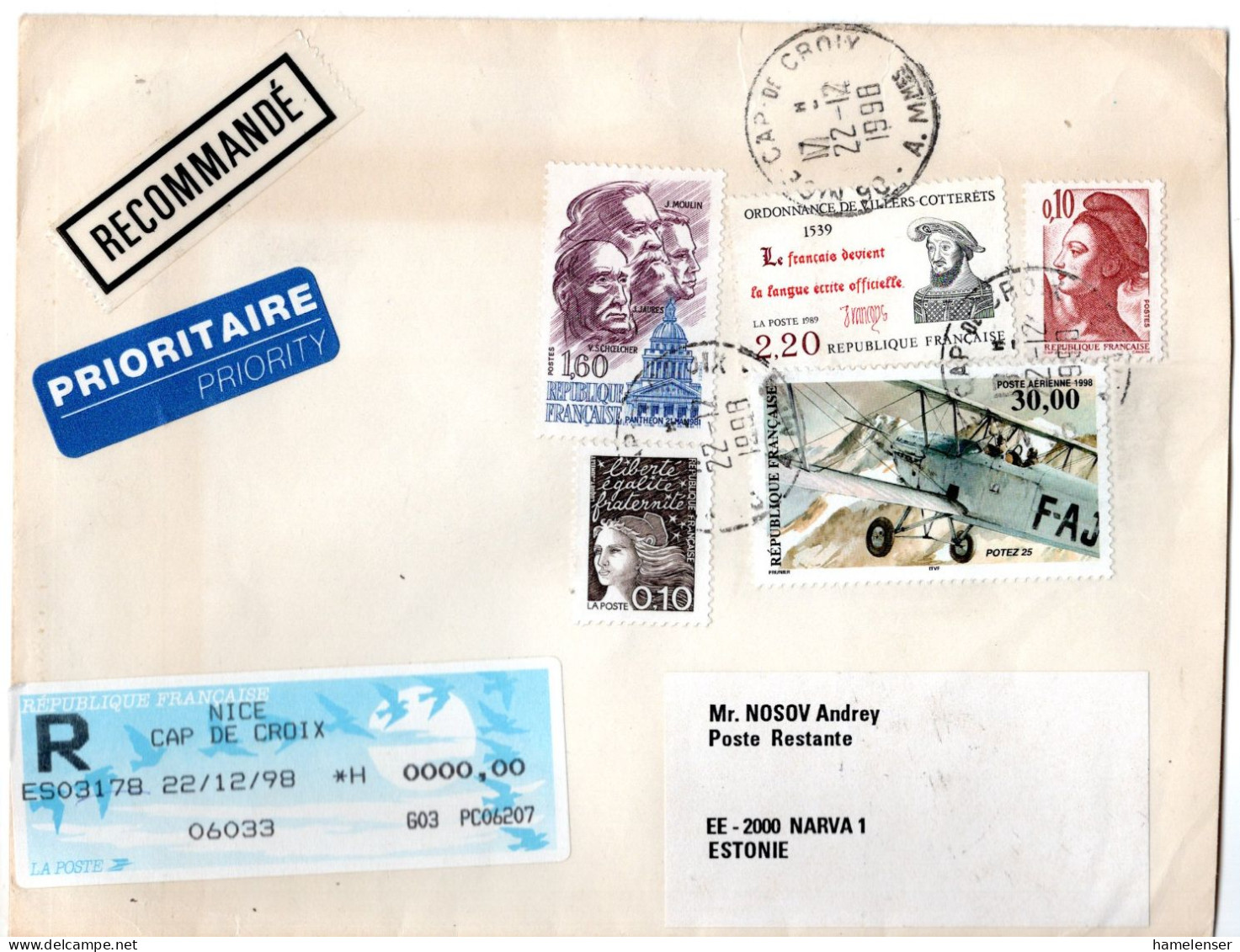 70915 - Frankreich - 1998 - 30,00F Flugzeug MiF A R-LpBf NICE -> NARVA (Estland), Rs Estn Aufkleber - Briefe U. Dokumente