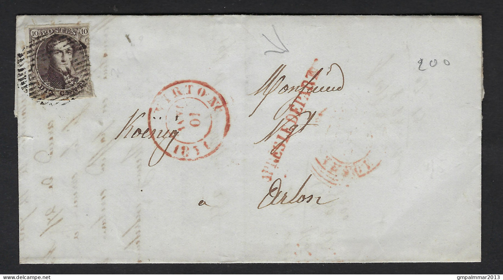 Medaillon 10 Cent Op Brief Van VIRTON ( P126 ) Naar ARLON In 1851 ; Details & Staat Zie 2 Scans ! LOT 191 - 1849-1865 Medaglioni (Varie)