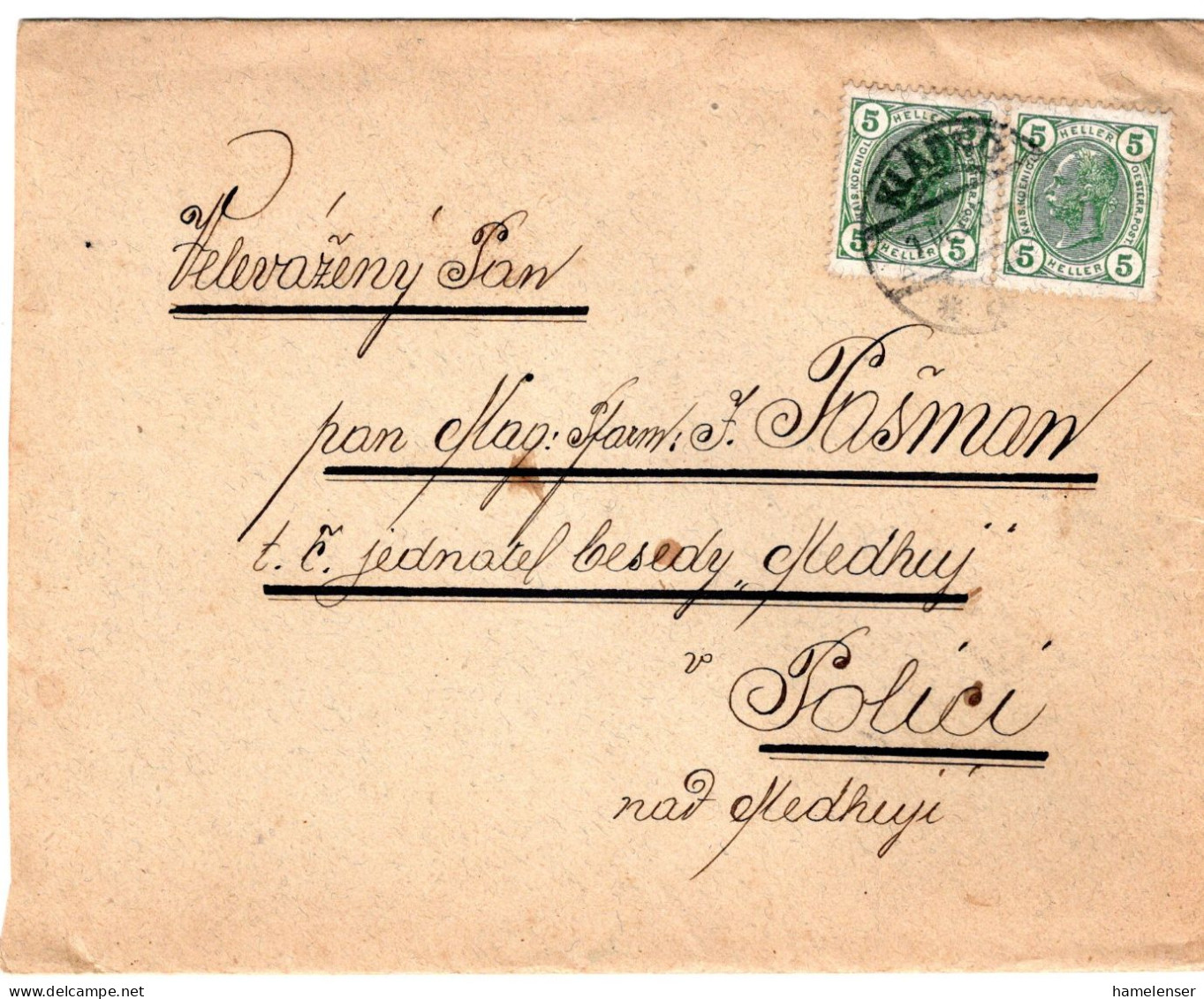 70919 - Österreich - 1908 - 2@5H Franz Josef A Bf KLADNO -> Polici - Covers & Documents
