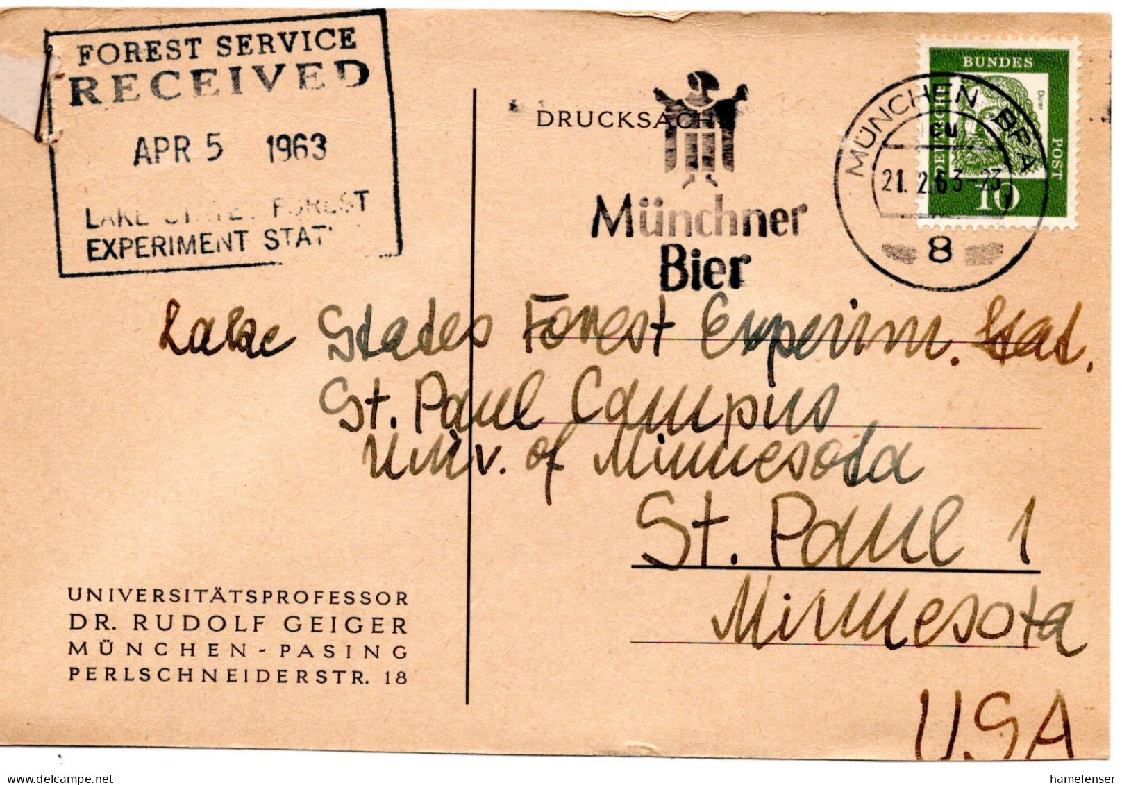 70929 - Bund - 1963 - 10Pfg Duerer EF A DrucksKte MUENCHEN - ... -> St Paul, MN (USA) - Cartas & Documentos
