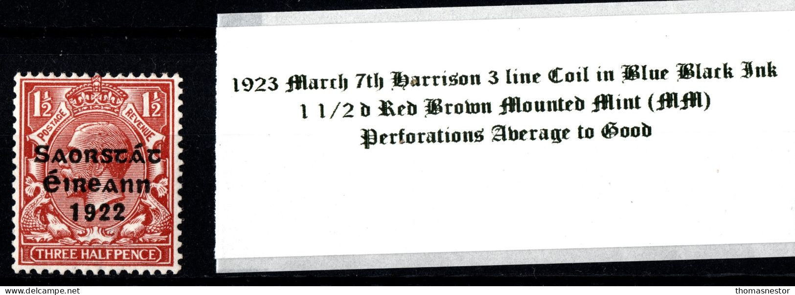 1923 March 7th Harrison 3 Line Coil In Blue Black Ink, 1 1/2 D Red Brown Mounted Mint (MM) - Neufs
