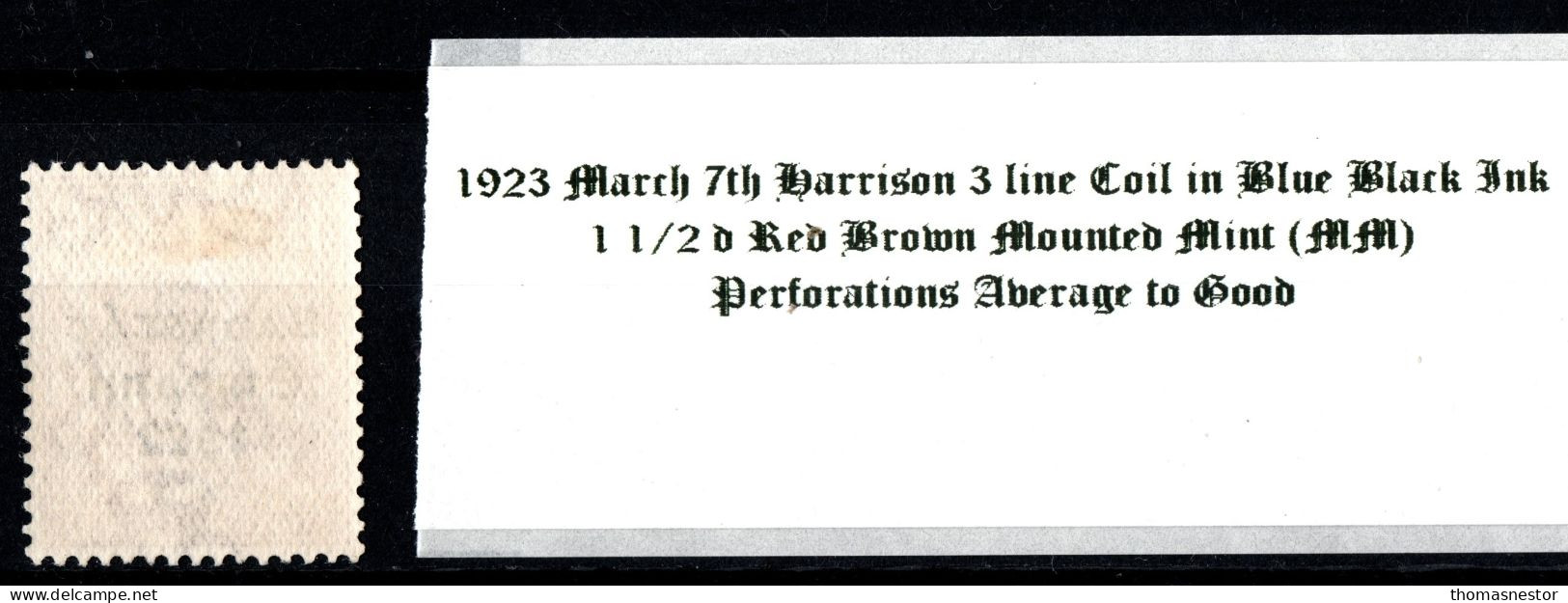 1923 March 7th Harrison 3 Line Coil In Blue Black Ink, 1 1/2 D Red Brown Mounted Mint (MM) - Nuovi