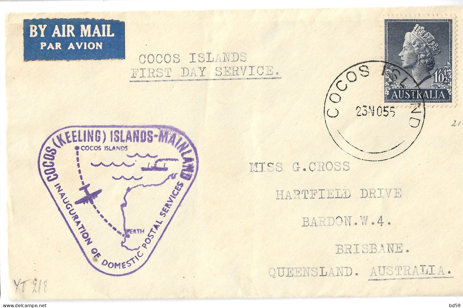 COCOS ISLANDS Premier Vol Vers Perth FDC 29/11/1955 - Cocos (Keeling) Islands