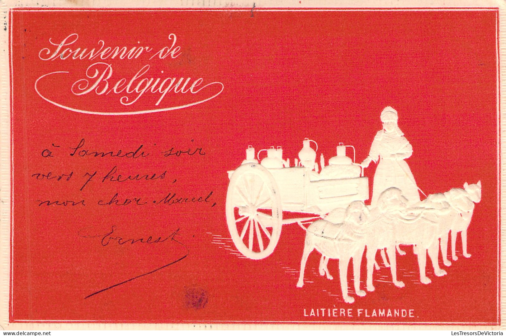 METIER - Souvenir De Belgique - Laitiere Flamande - Charette A Chiens En Relief - Carte Postale Ancienne - - Marchands Ambulants