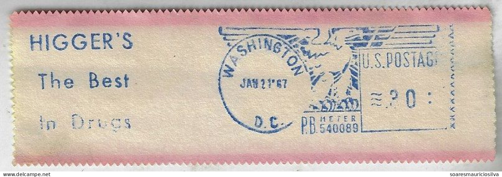 USA 1967 Label With Meter Stamp Pitney Bowes Slogan Higger's The Best In Drugs From Washington 30 Cents - Droga