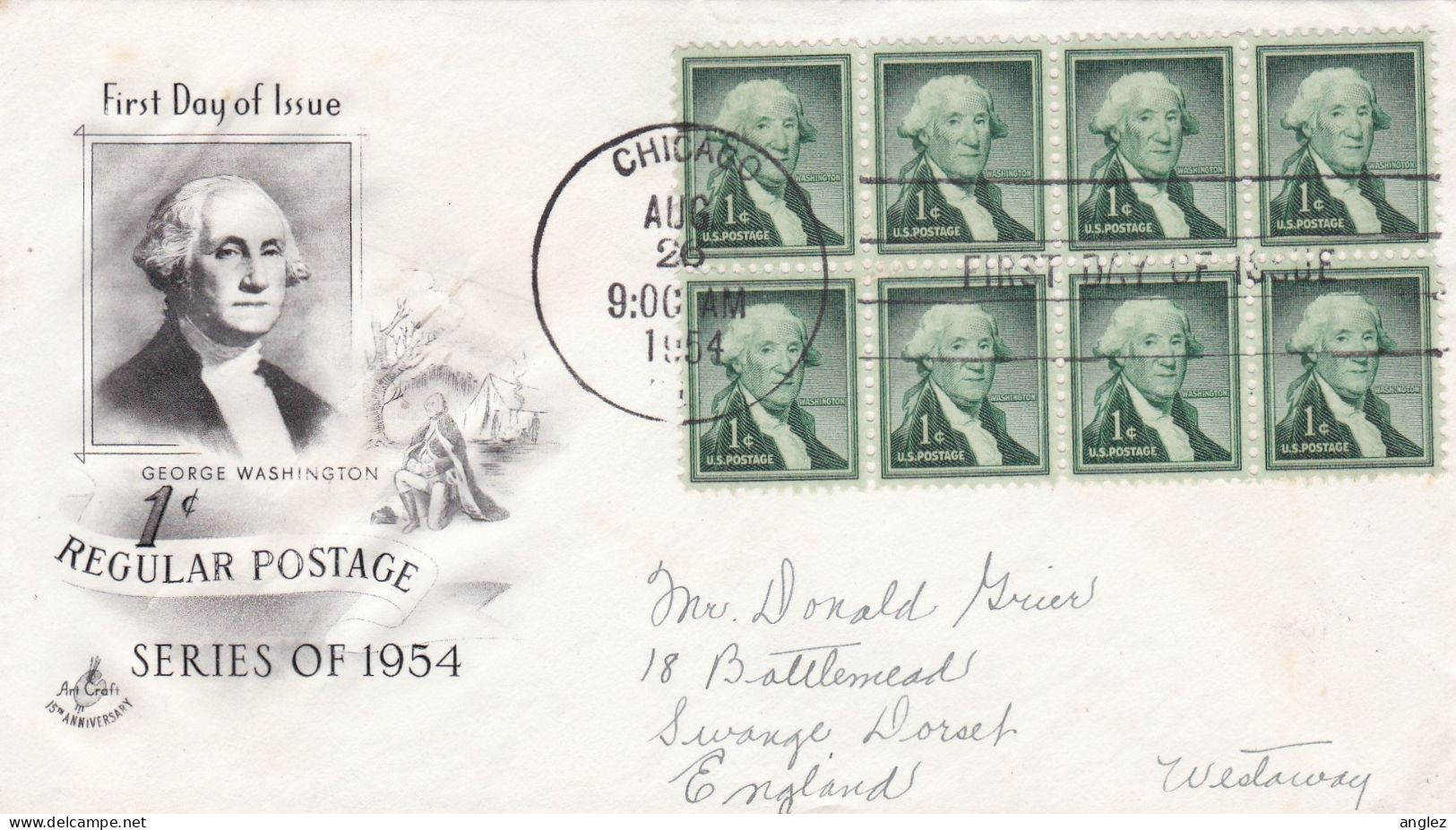 USA - 1954 1c Washington Illustrated FDC - Franked Block Of 8 Stamps - 1951-1960