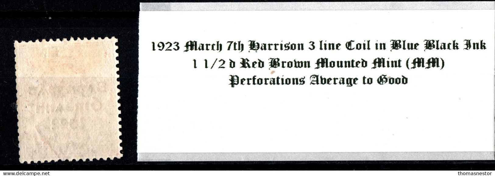 1923 March 7th Harrison 3 Line Coil In Blue Black Ink, 1 1/2 D Red Brown Mounted Mint (MM) - Nuovi