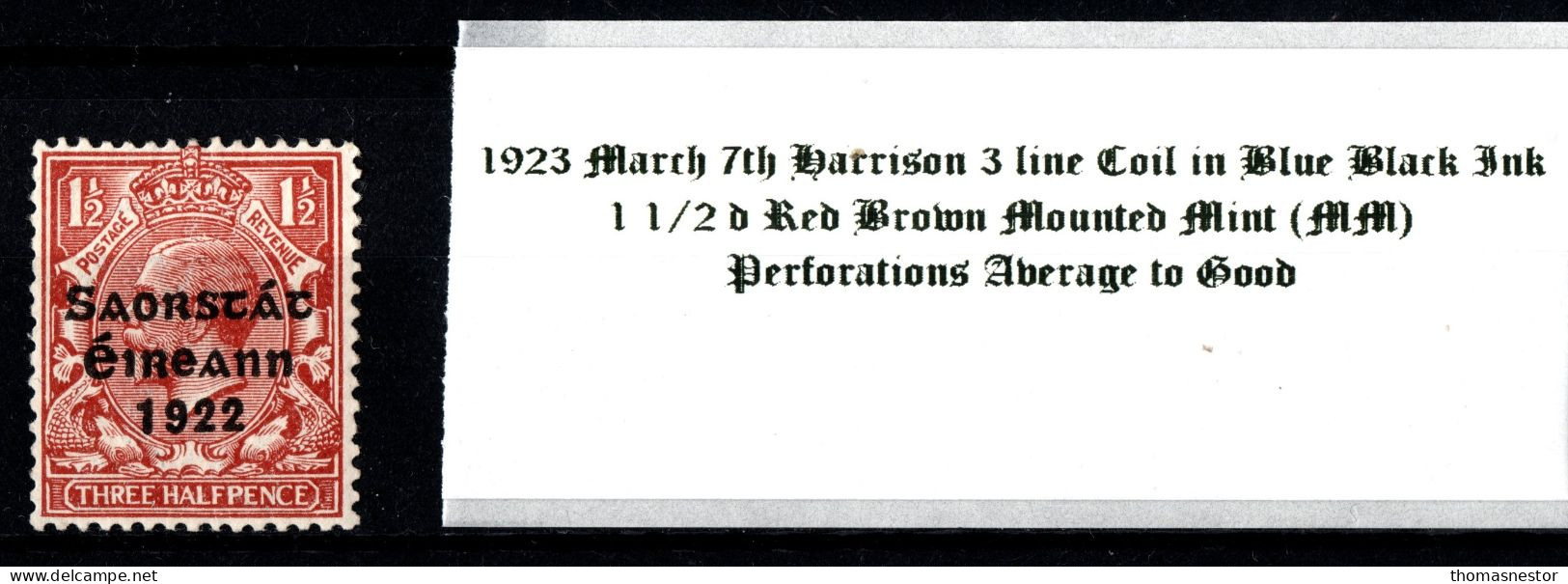 1923 March 7th Harrison 3 Line Coil In Blue Black Ink, 1 1/2 D Red Brown Mounted Mint (MM) - Ungebraucht