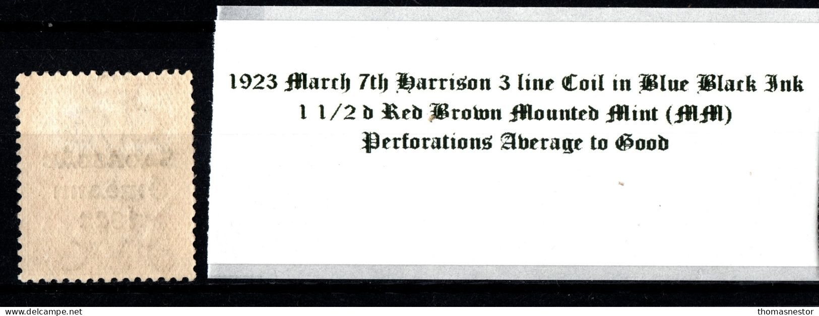 1923 March 7th Harrison 3 Line Coil In Blue Black Ink, 1 1/2 D Red Brown Mounted Mint (MM) - Neufs
