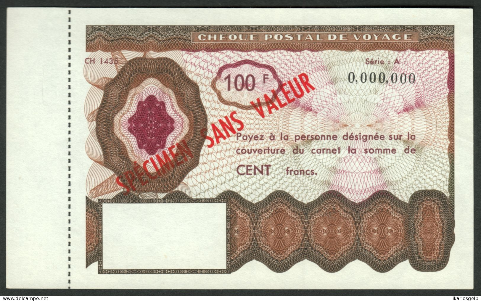 Cheque Postal De Voyage ( Reisescheck Traveller Check ) France 100 Fr Specimen - Fiktive & Specimen