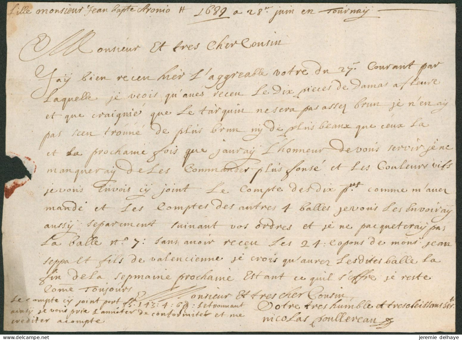 Précurseur - LAC Daté De Tournay (1689) Port 2 Stuyvers > Marchand à Lille - 1621-1713 (Pays-Bas Espagnols)