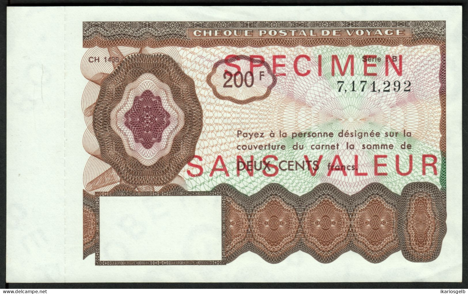 Cheque Postal De Voyage ( Reisescheck Traveller Check ) France 200 Fr Specimen - Fiktive & Specimen