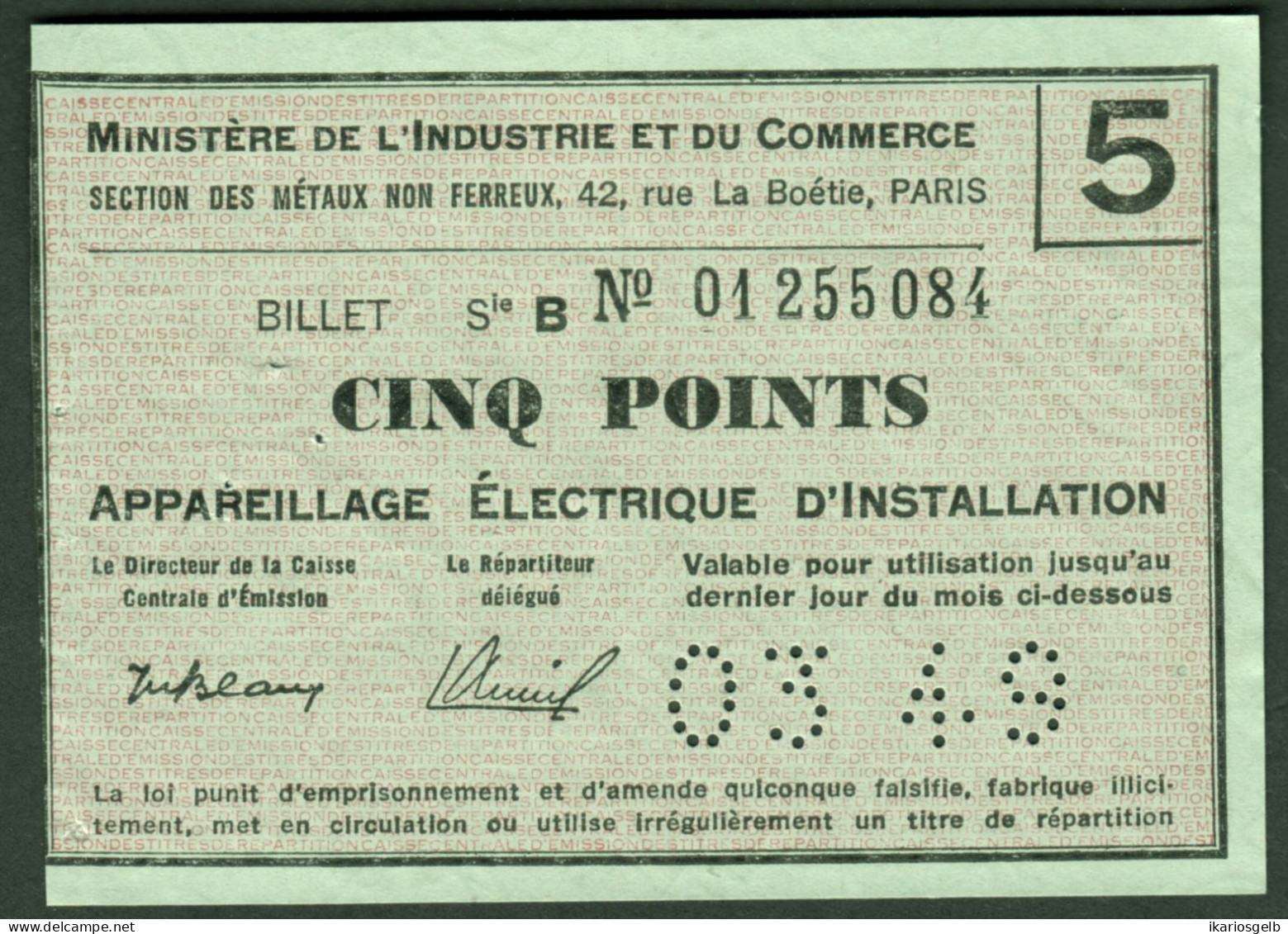 Coupon D'achat 1949 " Cinq Points Appareillage Electrique D'installation " Carte Ravitaillement - Ficción & Especímenes